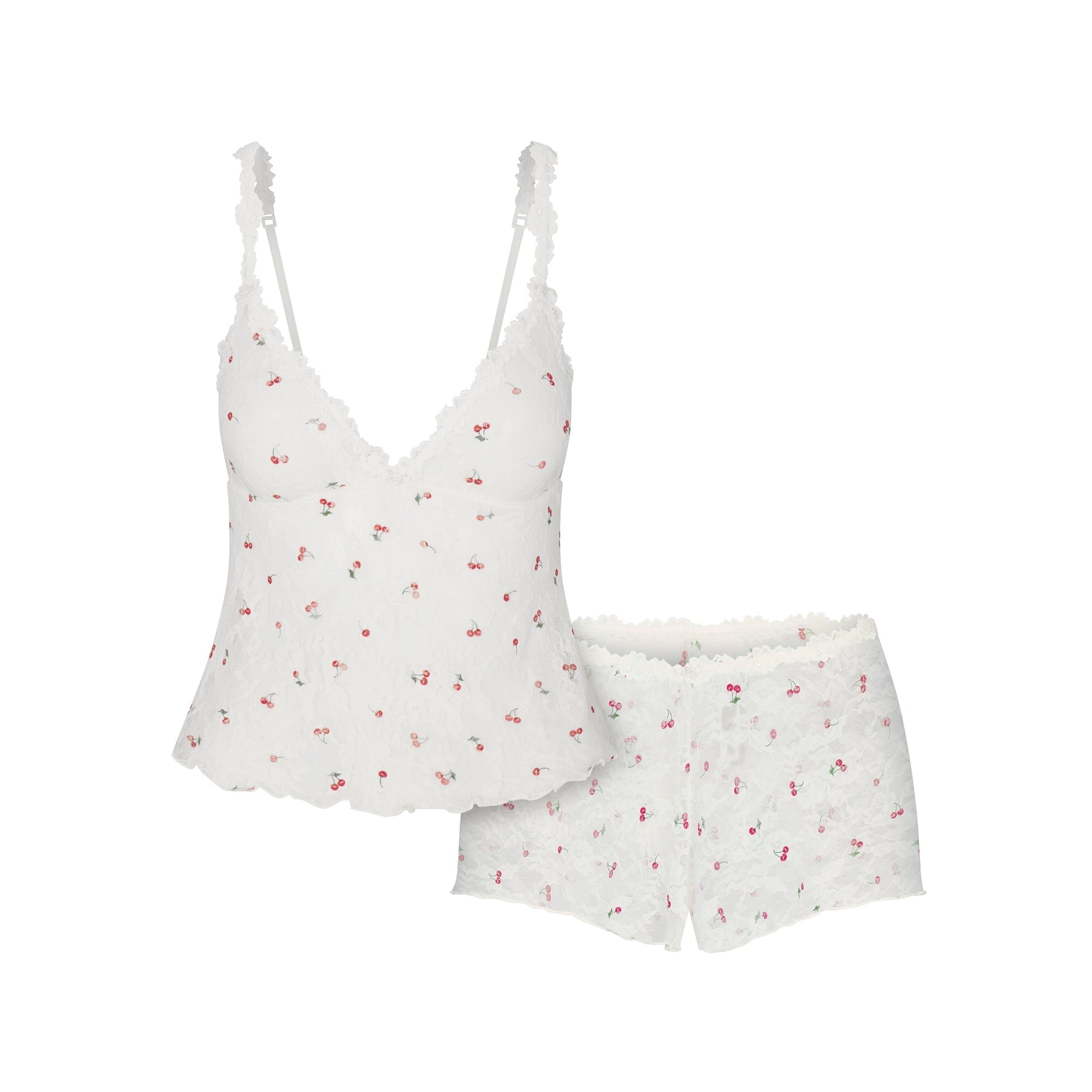 SKIMS STRETCH LACE TRIANGLE CAMI AND SHORT SET | IVORY CHERRY PRINT - Görsel 1