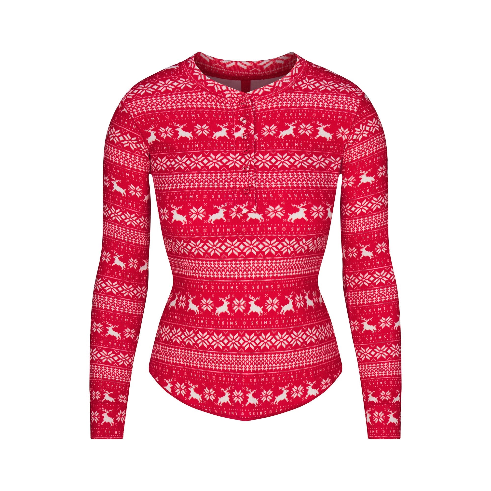 SKIMS LOGO PLUSH POINTELLE LONG SLEEVE HENLEY | RED DEER FAIR ISLE