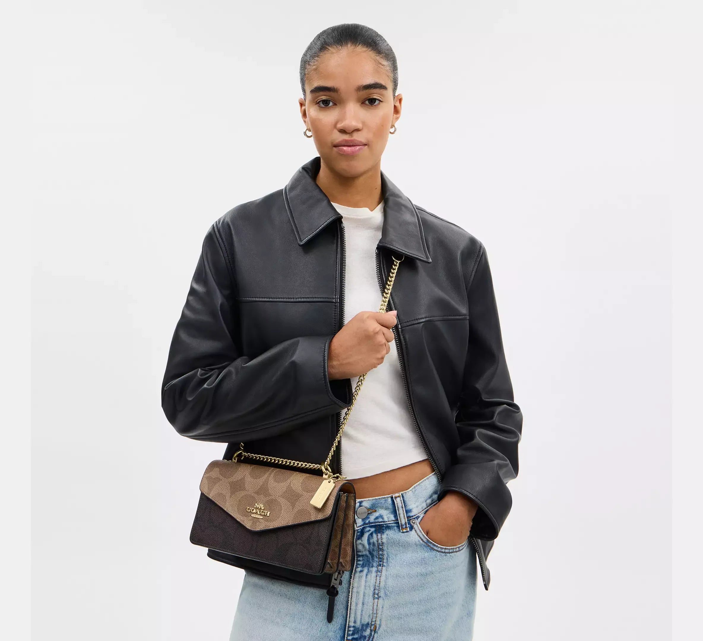 Coach Klare Envelope Crossbody Bag In Blocked Signature - Gold/Walnut/Tan - My Suti