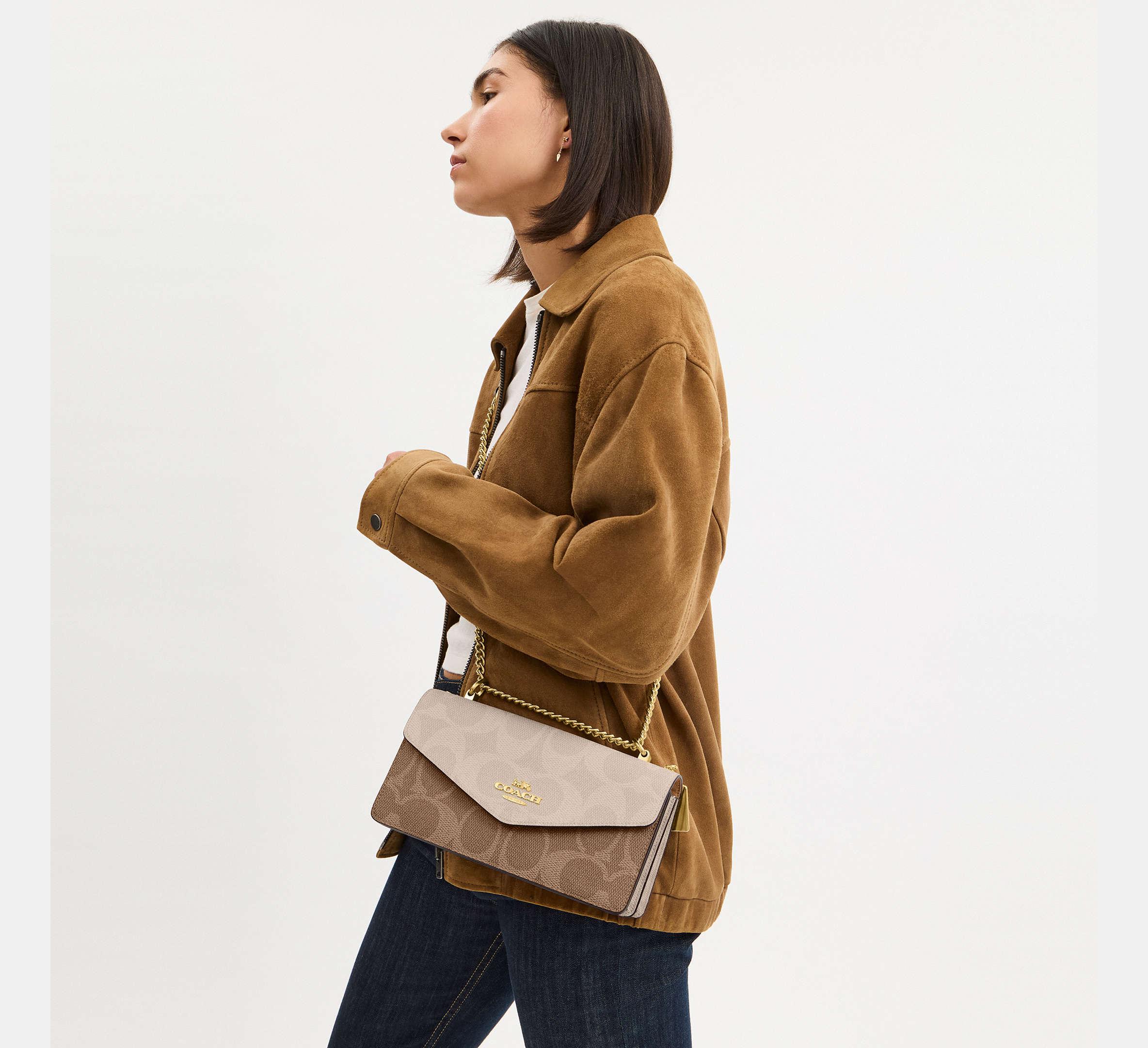 Coach Klare Envelope Crossbody Bag In Blocked Signature - Gold/Sand/Tan - My Suti