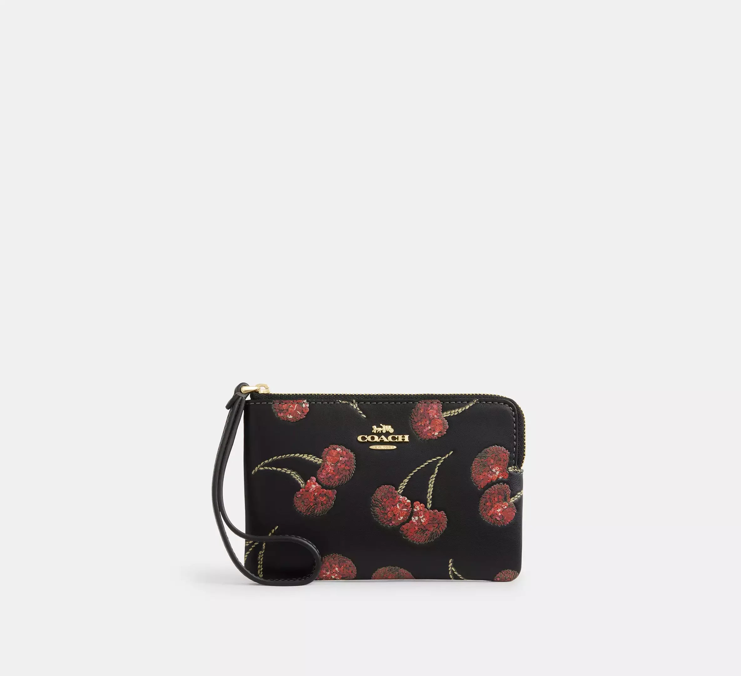 Coach Corner Zip Wristlet With Cherry Print - Gold/Black Multi - My Suti