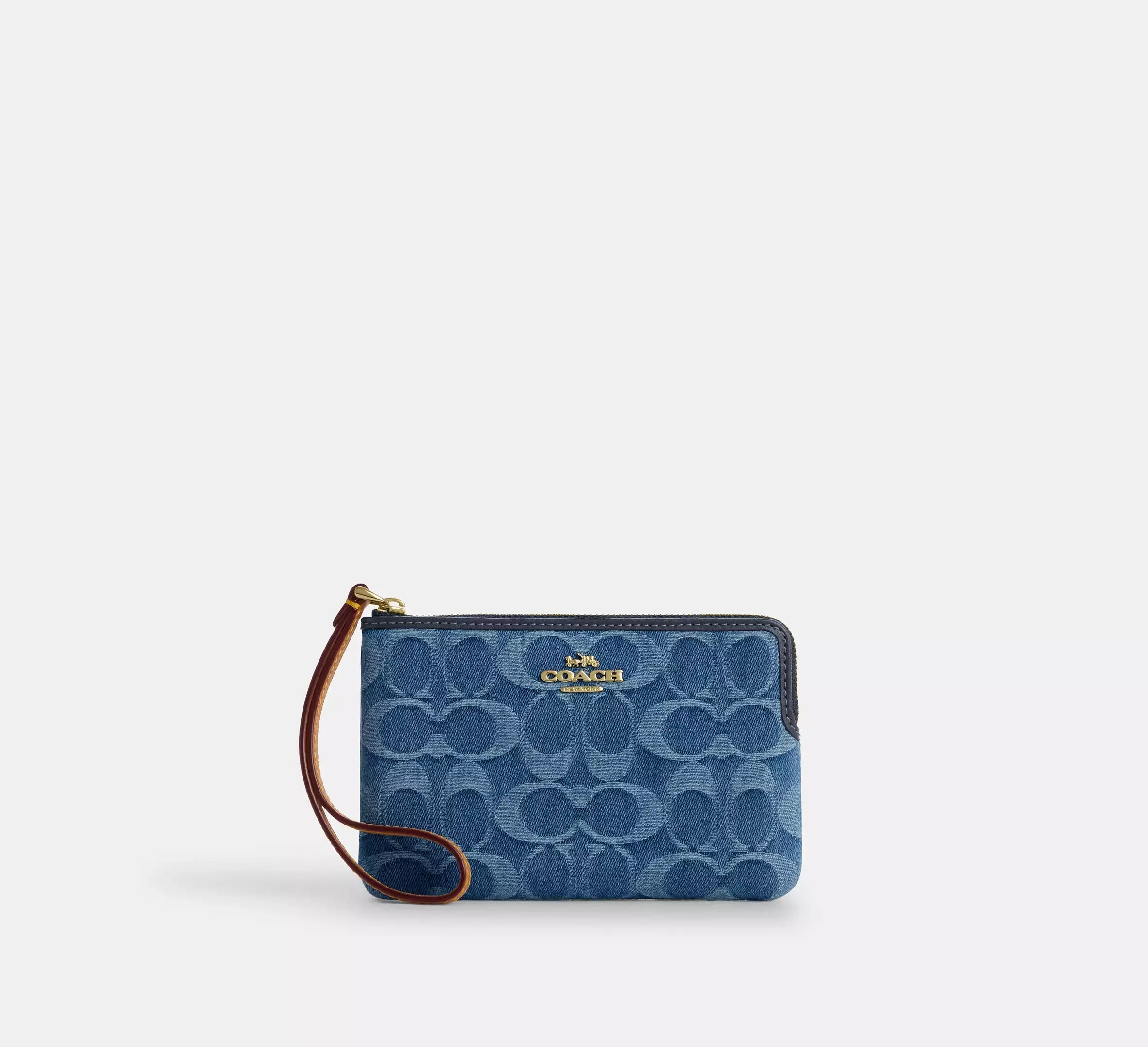 Coach Corner Zip Wristlet In Signature Denim - Gold/Indigo - My Suti