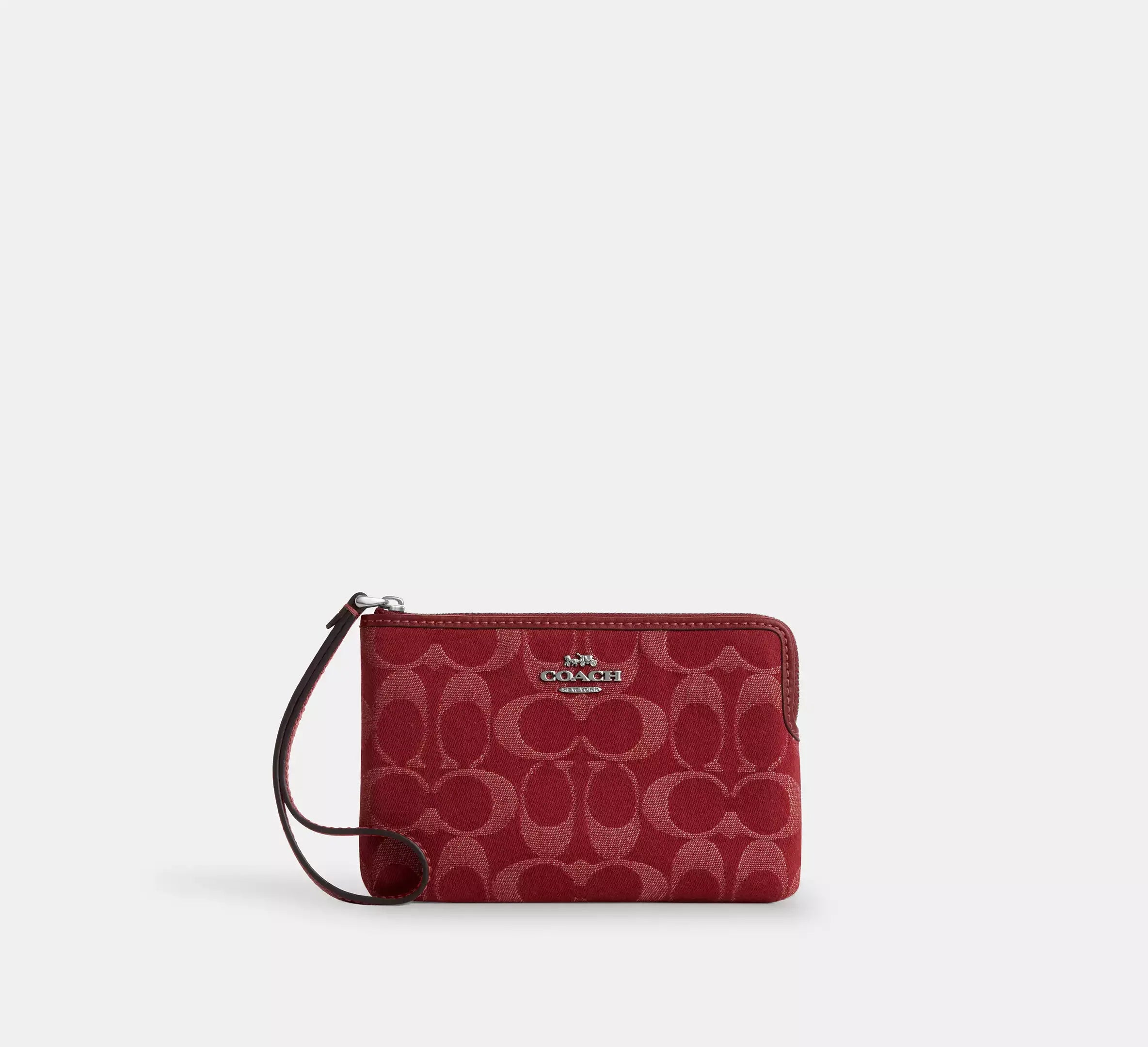 Coach Corner Zip Wristlet In Signature Denim - Silver/True Red - My Suti