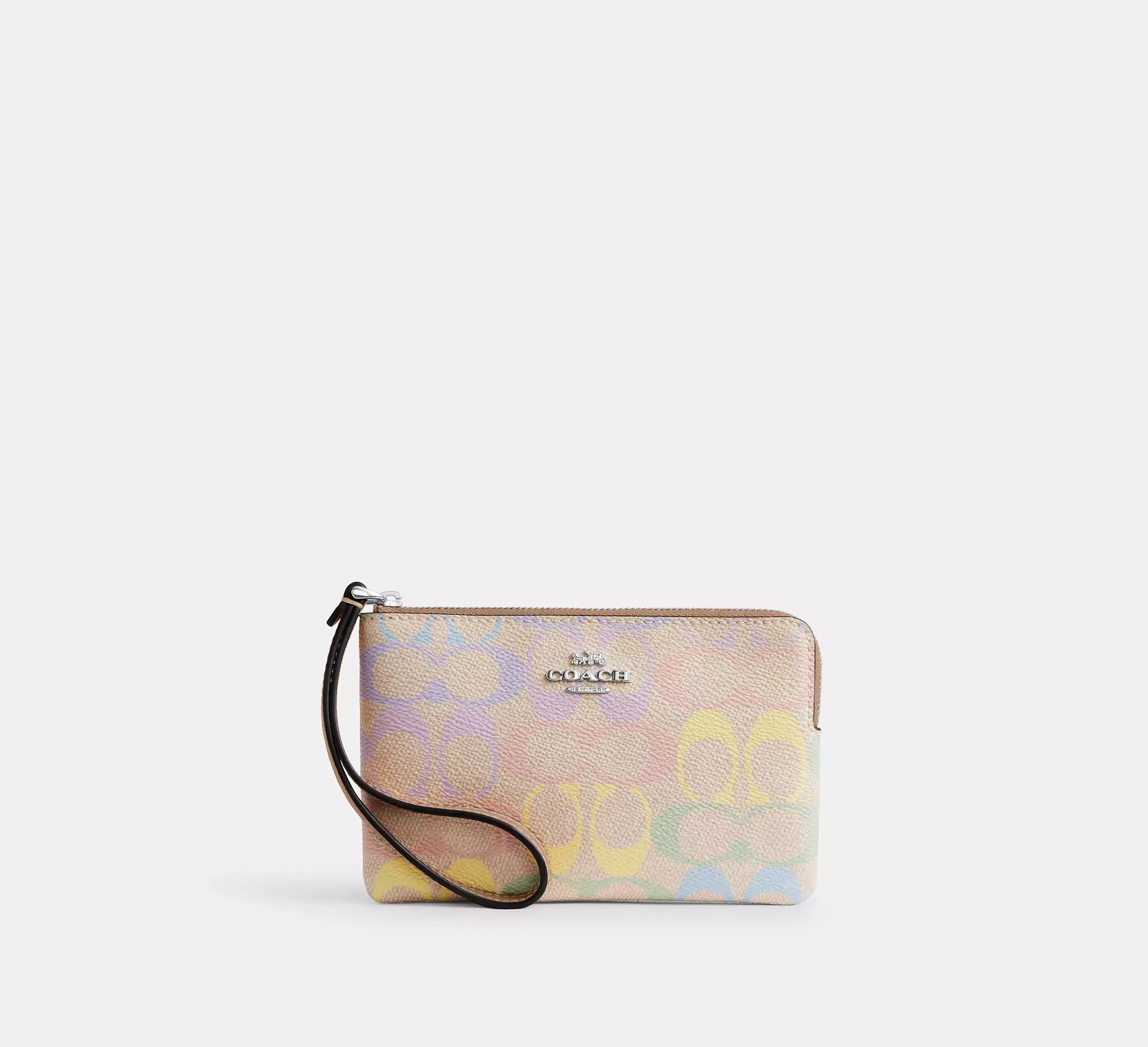Coach Corner Zip Wristlet In Rainbow Signature - Silver/Sand Multi - My Suti