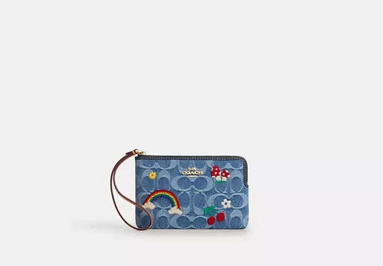 Coach Corner Zip Wristlet In Signature Denim - Gold/Indigo Multi - My Suti