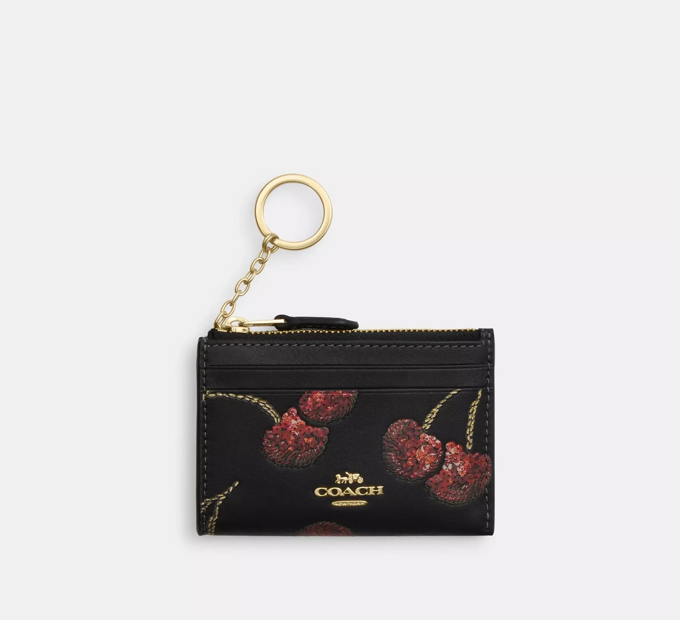 Coach Mini Skinny Id Case With Cherry Print - Gold/Black Multi - My Suti