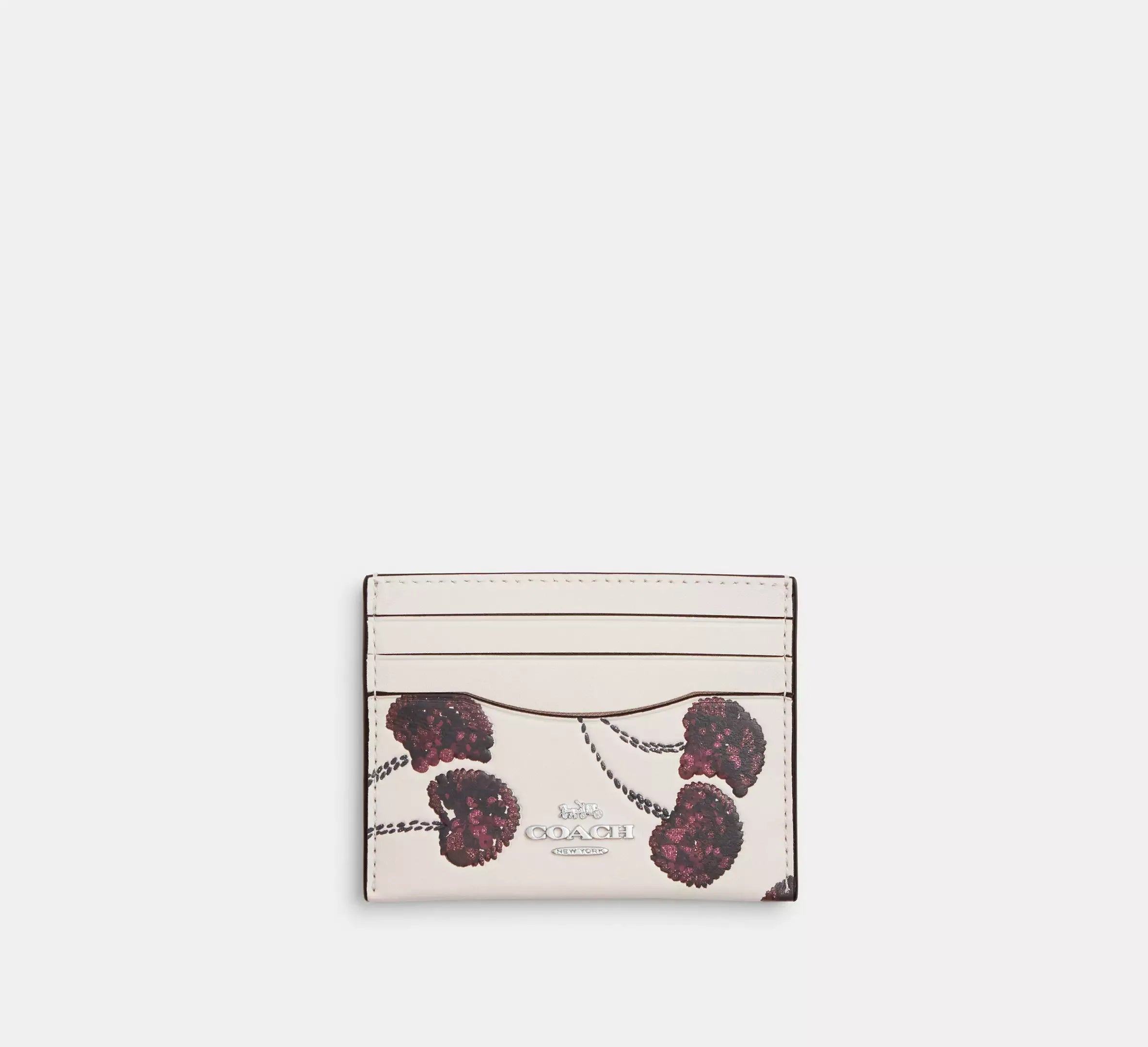 Coach Slim Id Card Case With Cherry Print - Silver/Chalk Multi - My Suti