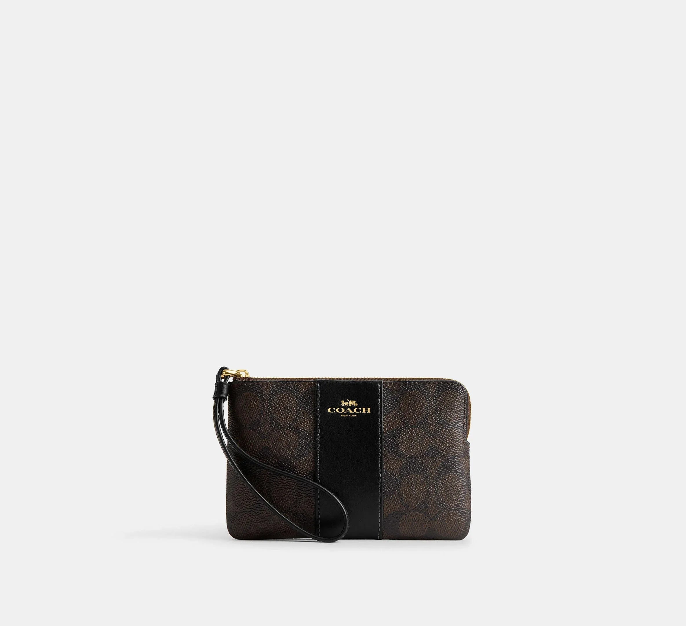 Coach Corner Zip Wristlet In Signature With Stripe - Gold/Walnut/Black - My Suti