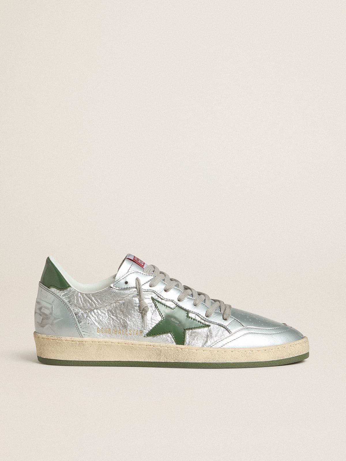 Golden Goose Men's Ball Star In Silver Nylon With Green Leather Star And Heel Tab - Görsel 1