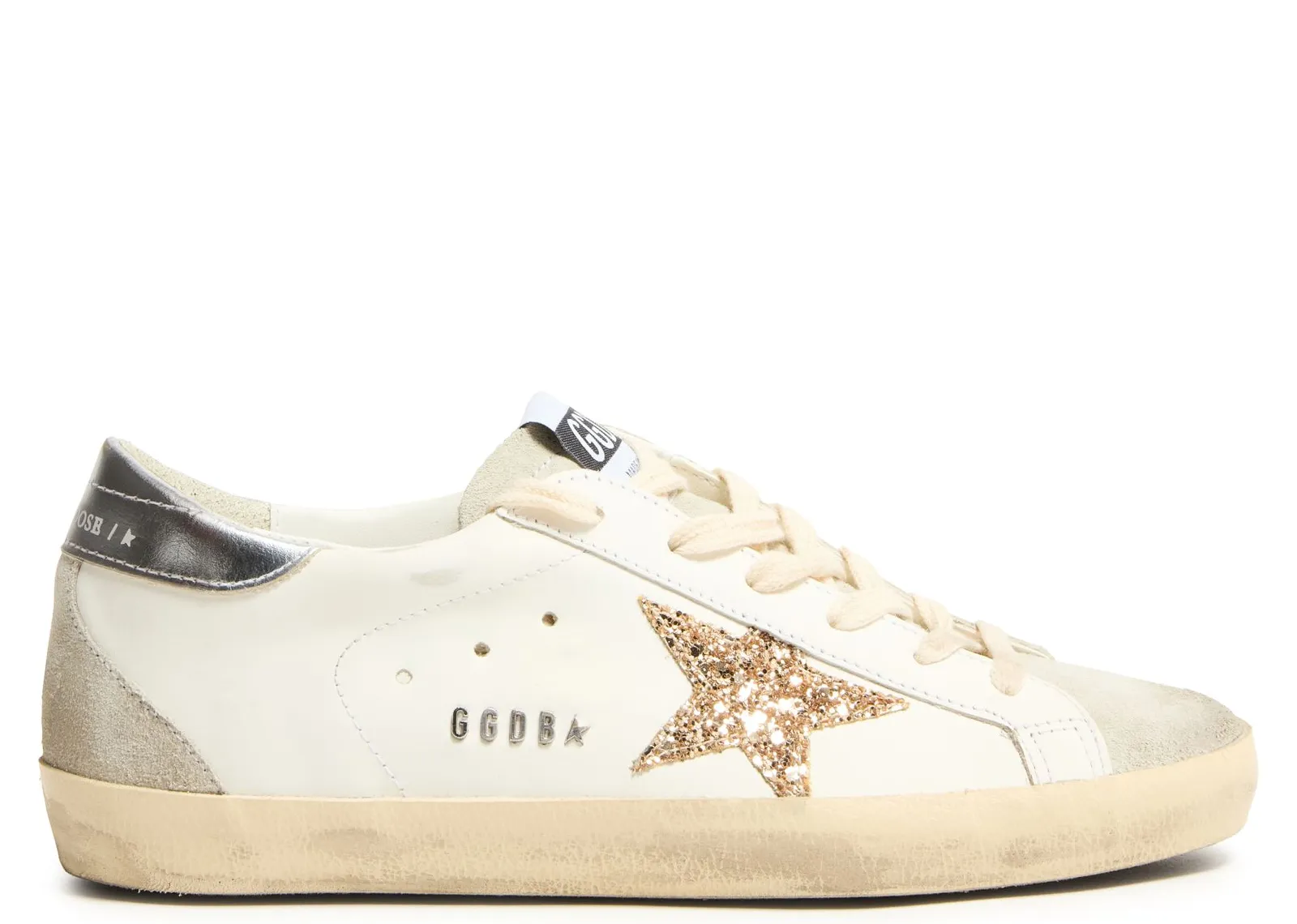 Golden Goose Super-Star beyaz deri altın simli yıldız